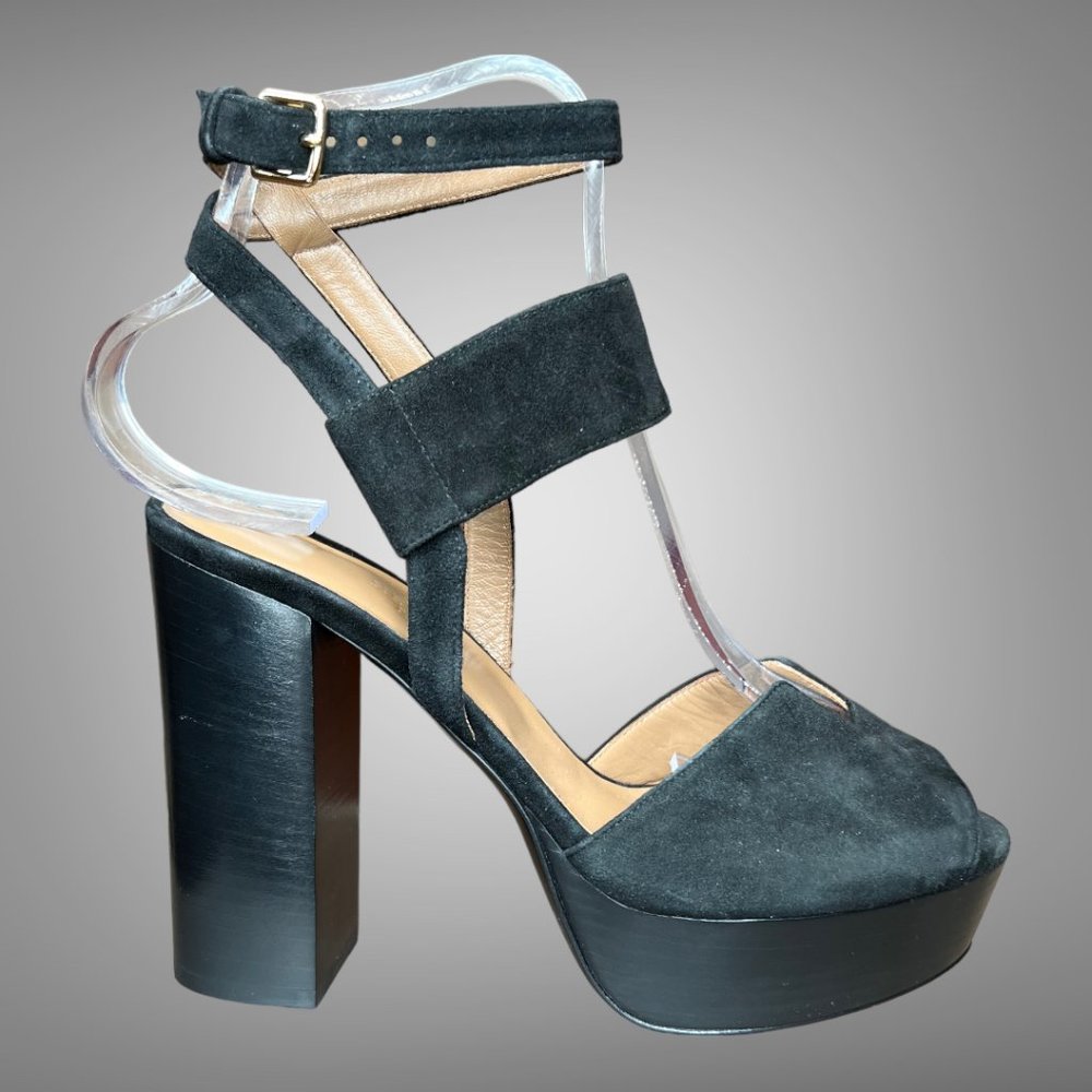 Hermes New Melrose Black Goatskin Suede Platform Sandal Pumps Shoes EU 37 Heels